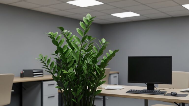 ZZ plant in a windowless office with desk and computer