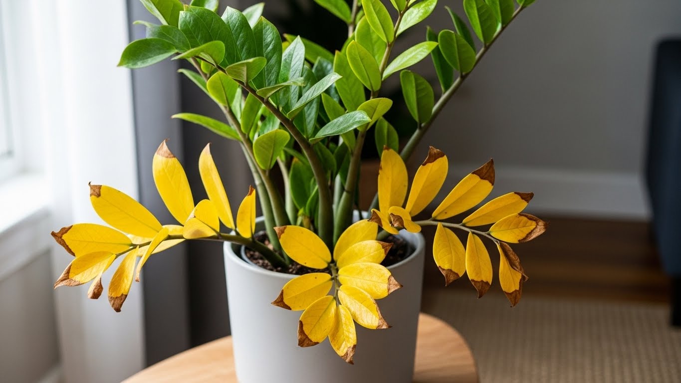 ZZ plant with yellow leaves in a pot on a wooden table